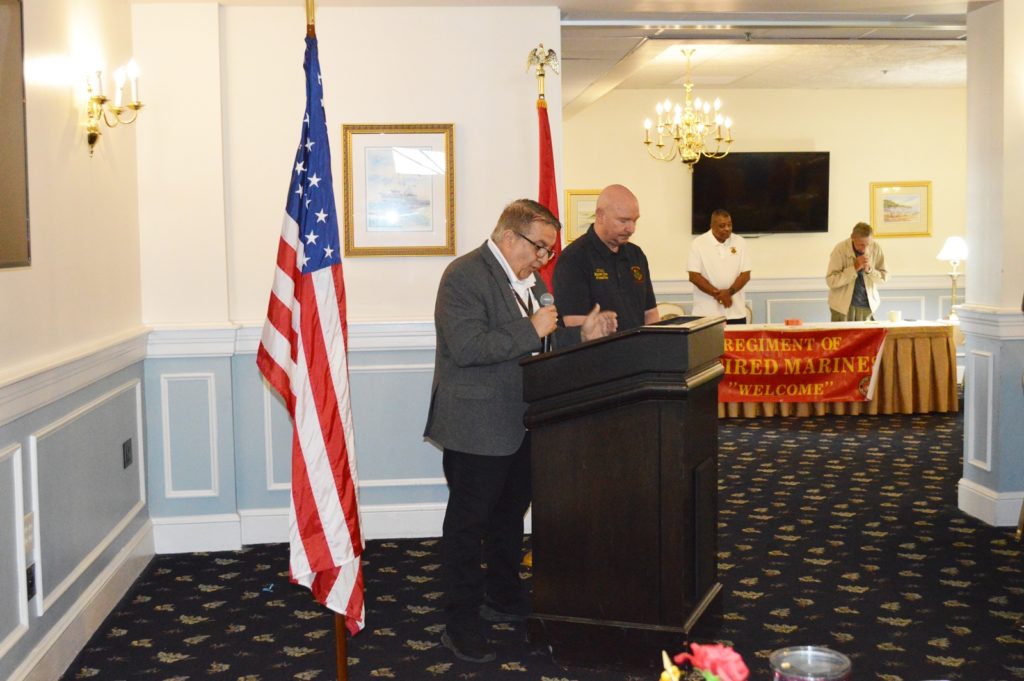 A prayer and moment of silence was held prior to the start of the Regiment of Retired Marines Retiree Breakfast May 7, 2022. The event was held at the Paradise Point Officer’s Club aboard Camp Lejeune, NC. Guests enjoyed visiting with Retirees from all branches of service and received information that affects all active duty and retired service members.