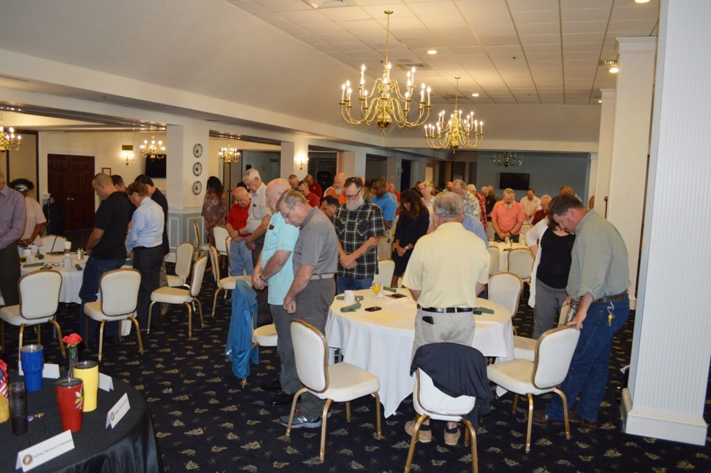 A prayer and moment of silence was held prior to the start of the Regiment of Retired Marines Retiree Breakfast May 7, 2022. The event was held at the Paradise Point Officer’s Club aboard Camp Lejeune, NC. Guests enjoyed visiting with Retirees from all branches of service and received information that affects all active duty and retired service members.