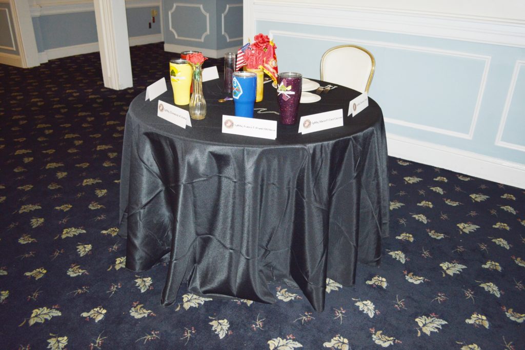 A tribute table was displayed at the Regiment of Retired Marines Breakfast. The table honored fallen members SgtMaj Marion P. (Cass) Carcirieri, USMC (Ret), SgtMaj Matthew A. Hardiman, USMC (Ret), SgtMaj Domenick A. Irrea, USMC (Ret), SgtMaj Francis T. (Frank) McNieve, USMC (Ret), SgtMaj George F. Myer, USMC (Ret). The Regiment of Retired Marines hosted the Retiree Breakfast May 7, 2022. The event was held at the Paradise Point Officer’s Club aboard Camp Lejeune, NC. Guests enjoyed visiting with Retirees from all branches of service and received information that affects all active duty and retired service members.