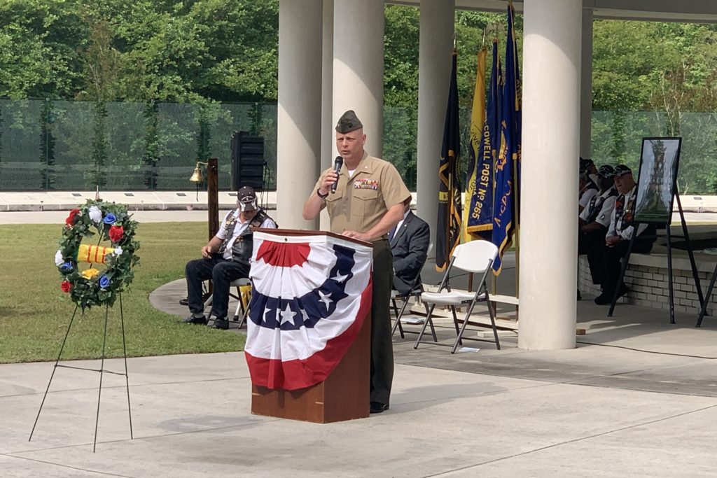Col. Michael J. Jernigan, chief of staff, Marine Corps Installations East – MCB Camp Lejeune, NC provided opening remarks at the Vietnam Veterans Recognition Day held on April 30, 2022. The Recognition Day was held at the Lejeune Memorial Gardens in Jacksonville, NC. The event was hosted by Marine Corps League Onslow Detachment #262, Rolling Thunder, NC-5 provided the Missing Man Table Ceremony, the Color Guard was provided by H&S Battalion, Marine Corps Installations East – MCB Camp Lejeune, NC.